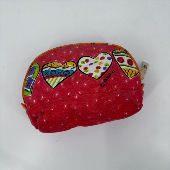 VTG Sally Huss Hearts Bag Canvas Painted Zip Top Makeup Toiletries Pencils - Picture 2 of 5